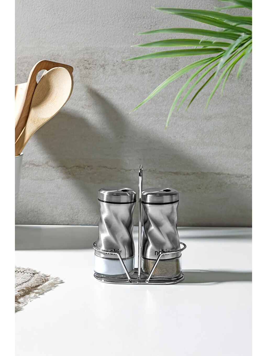 Gri Burgulu Standlı 2 Parça Paslanmaz Çelik Baharatlık Seti