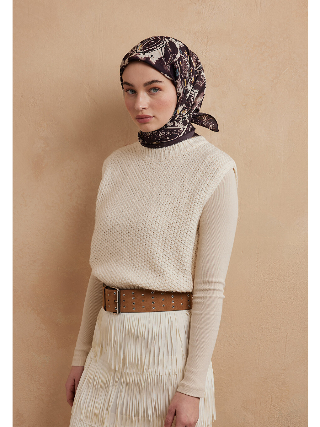 Floral Paisley Desen Pamuk İpek Eşarp Mürdüm-2
