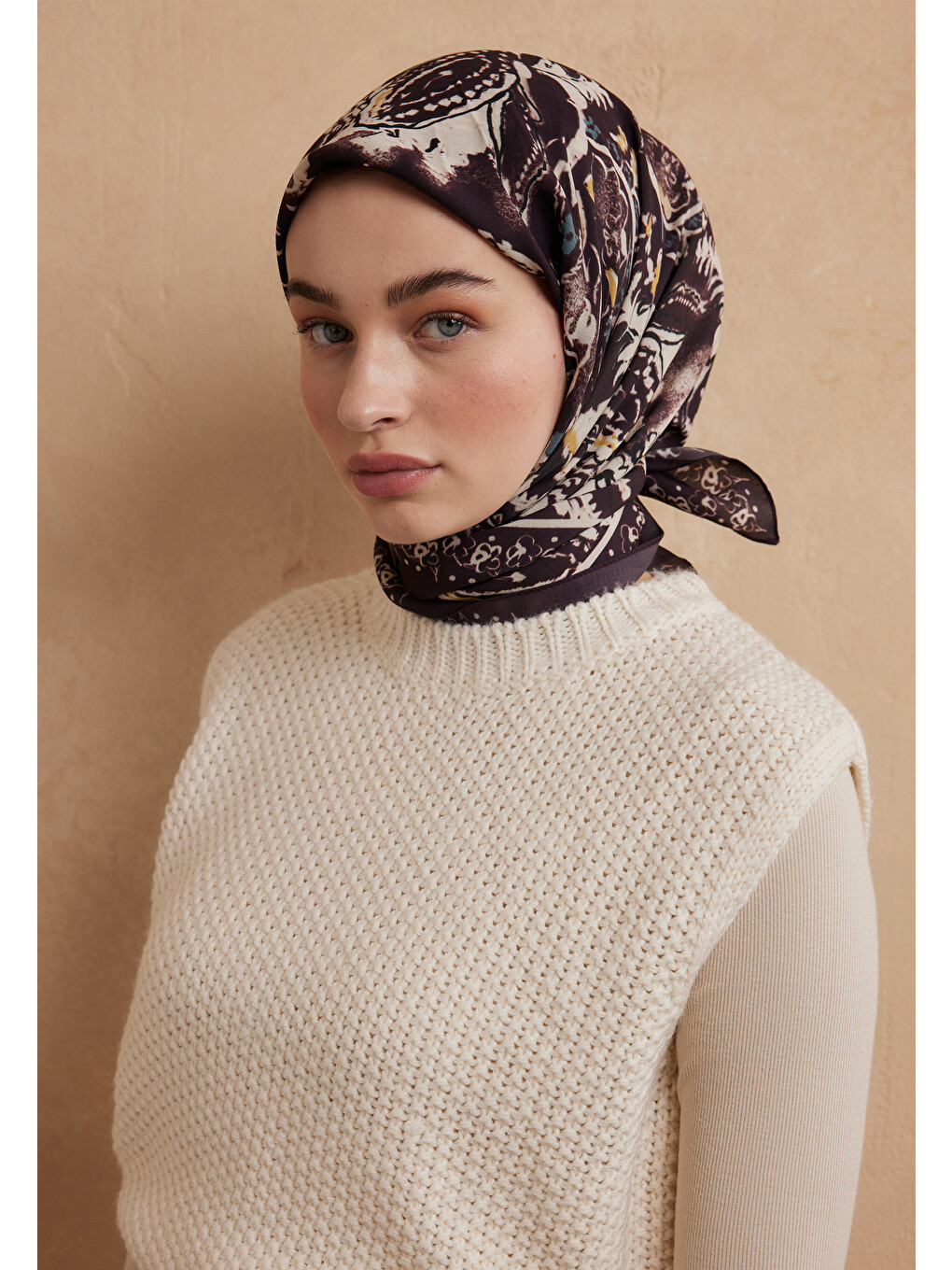 Floral Paisley Desen Pamuk İpek Eşarp Mürdüm-1