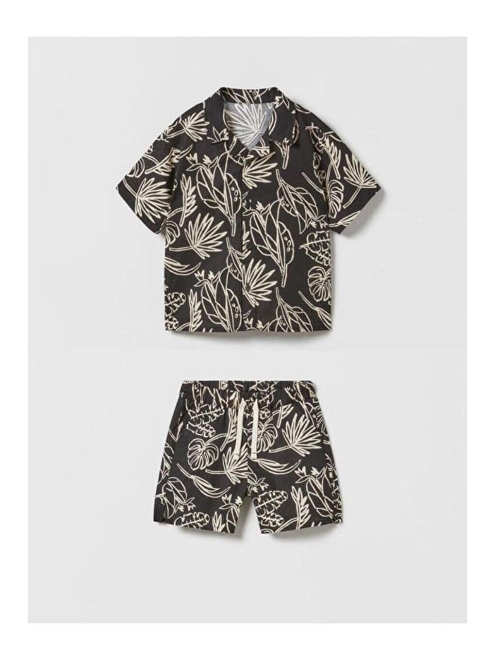 Karışık Erkek Çocuk Pamuklu Siyah Tropikal Desenli Gömlek Ve Şort Takım