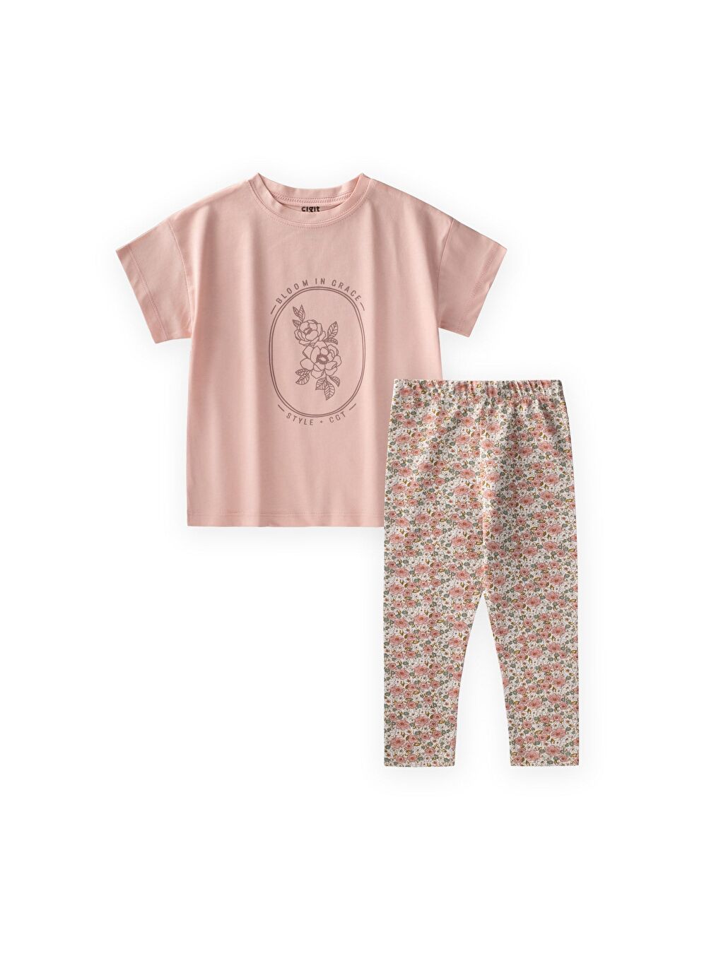 Desenli Taytlı T-Shirt Takım 2-10 Yaş Pudra Pembe