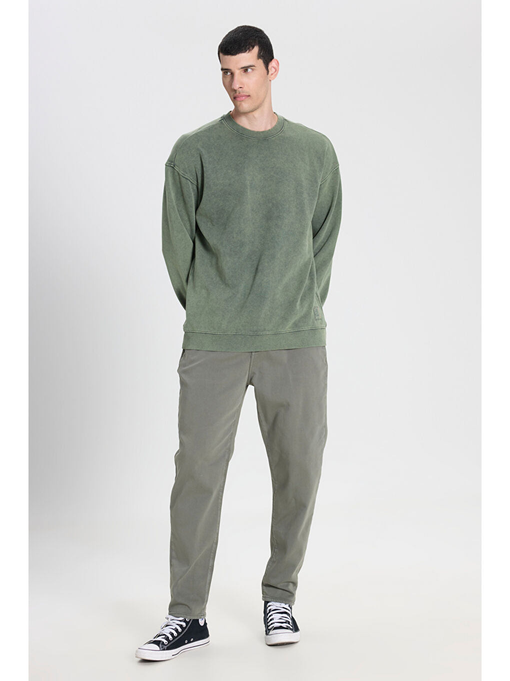 Loose Fit Rahat Kesim Bisiklet Yaka %100 Pamuk Yeşil Sweatshirt-2