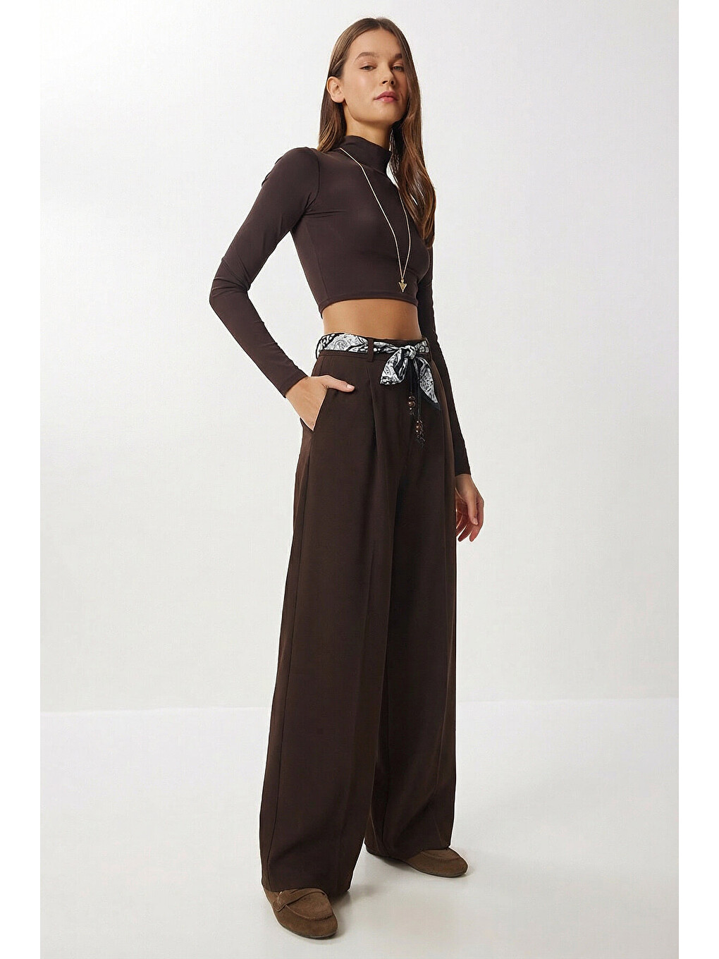 Fular Kemerli Dokuma Palazzo Pantolon Kahverengi Lby0051