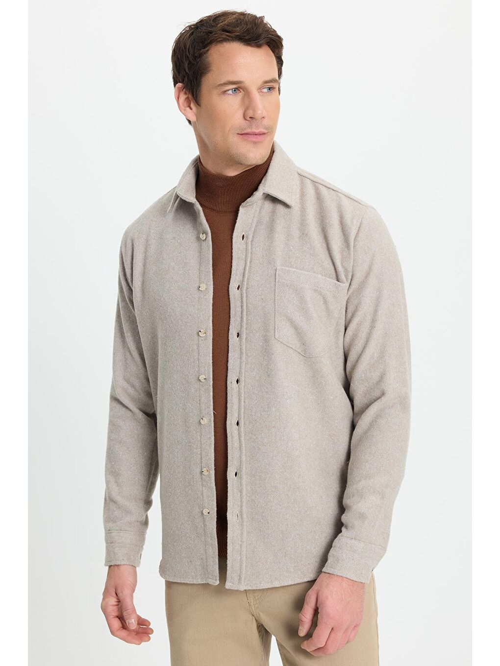 Bej Erkek Regular Fit Klasik Kesim Düz Cepli Koyu Vizon Oduncu Gömlek-1