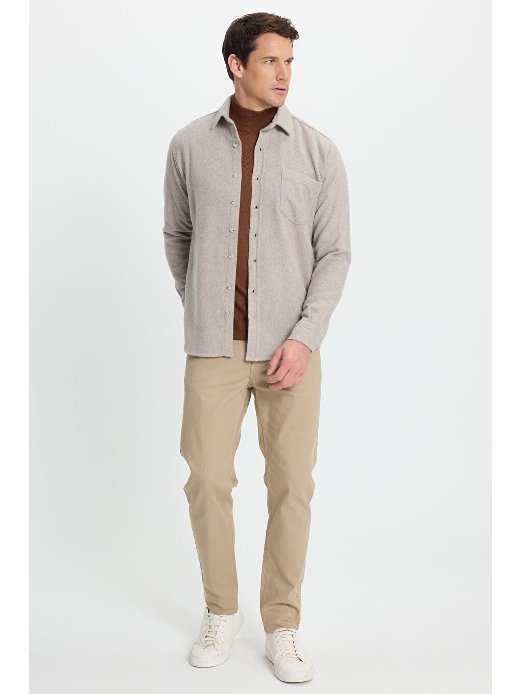 Bej Erkek Regular Fit Klasik Kesim Düz Cepli Koyu Vizon Oduncu Gömlek-3
