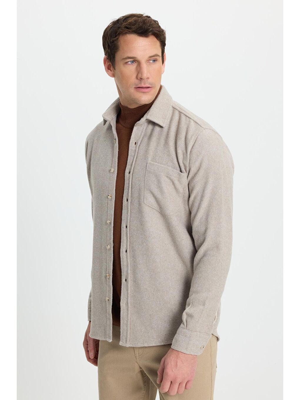 Bej Erkek Regular Fit Klasik Kesim Düz Cepli Koyu Vizon Oduncu Gömlek-4