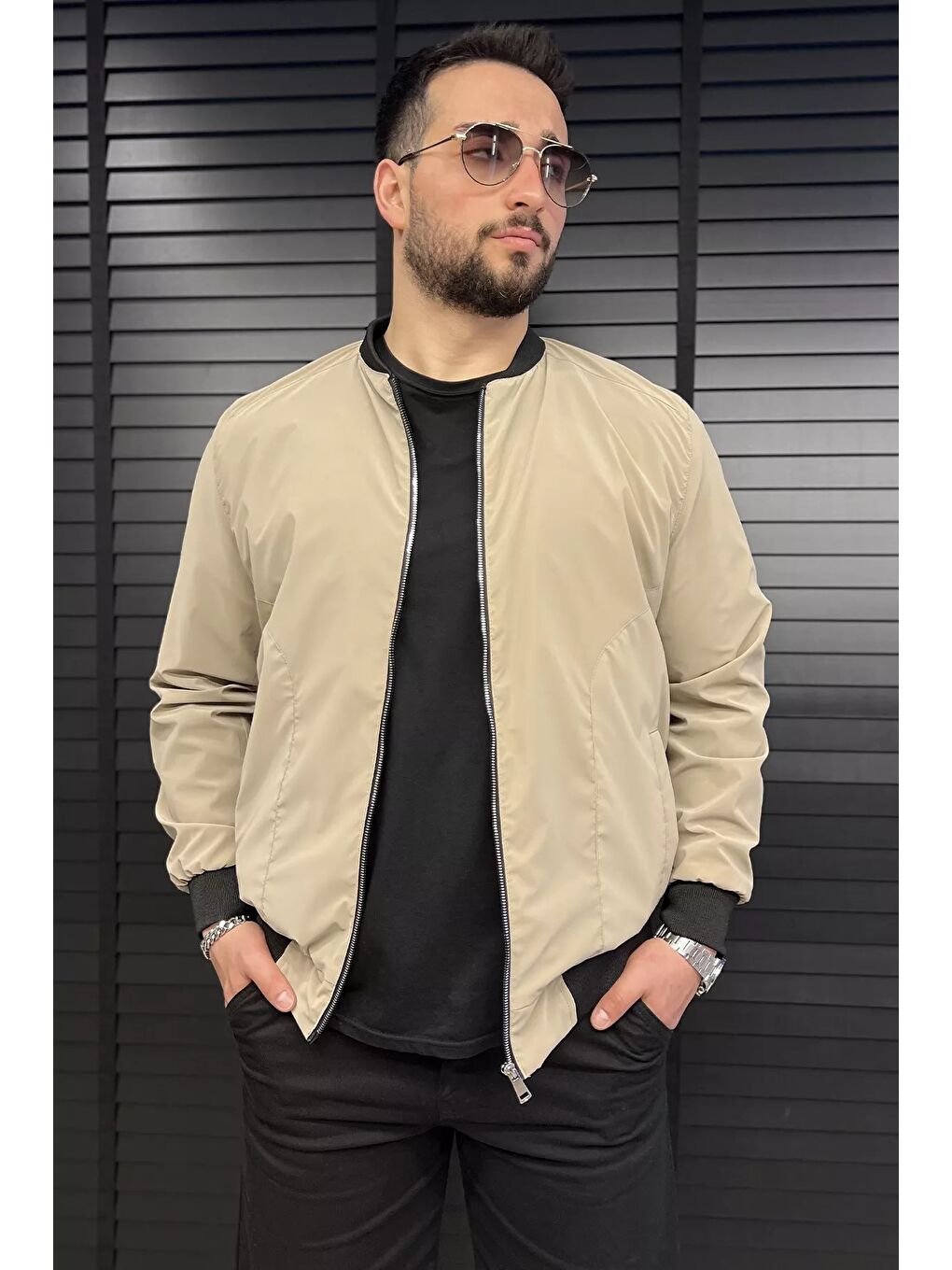 Bej Erkek Çift Cepli Astarlı Mevsimlik Mont-1