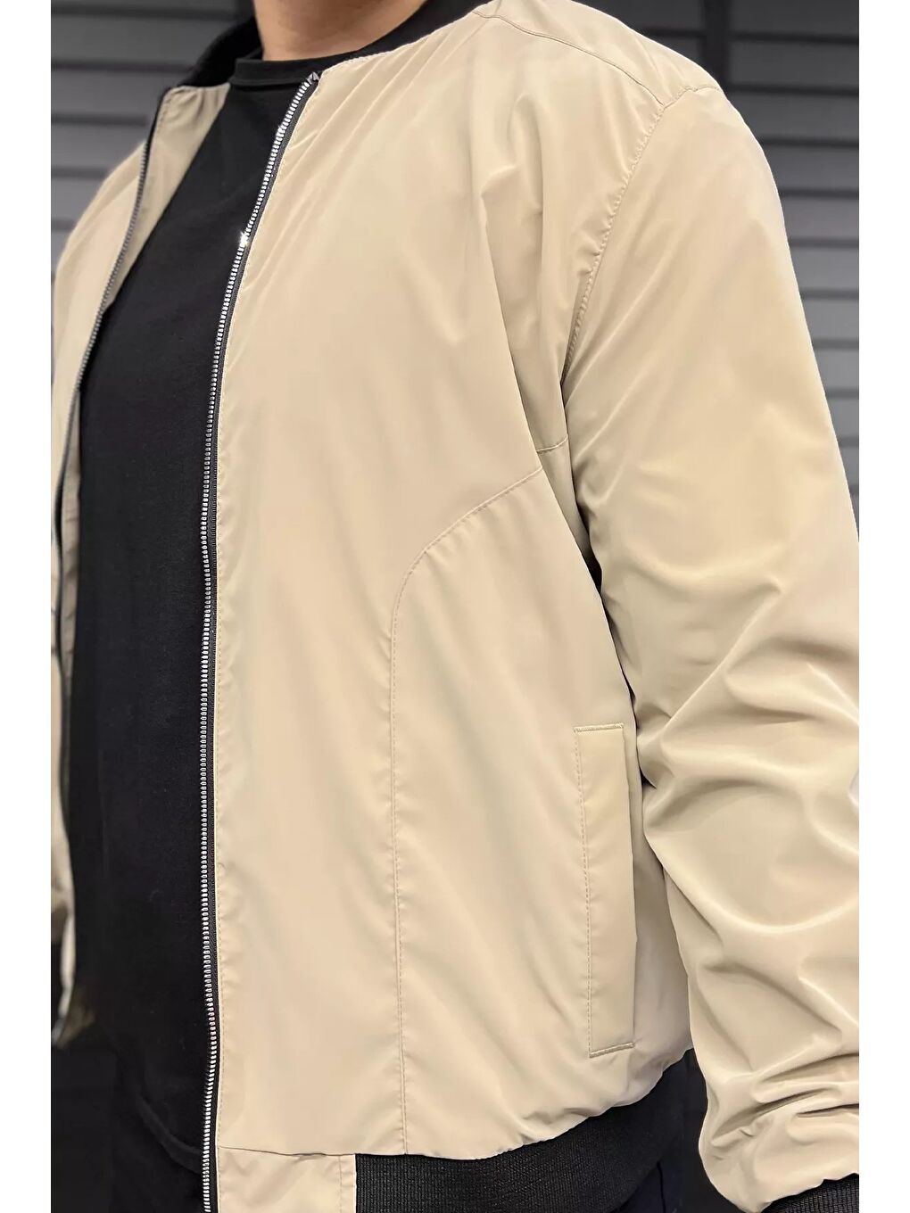 Bej Erkek Çift Cepli Astarlı Mevsimlik Mont-3