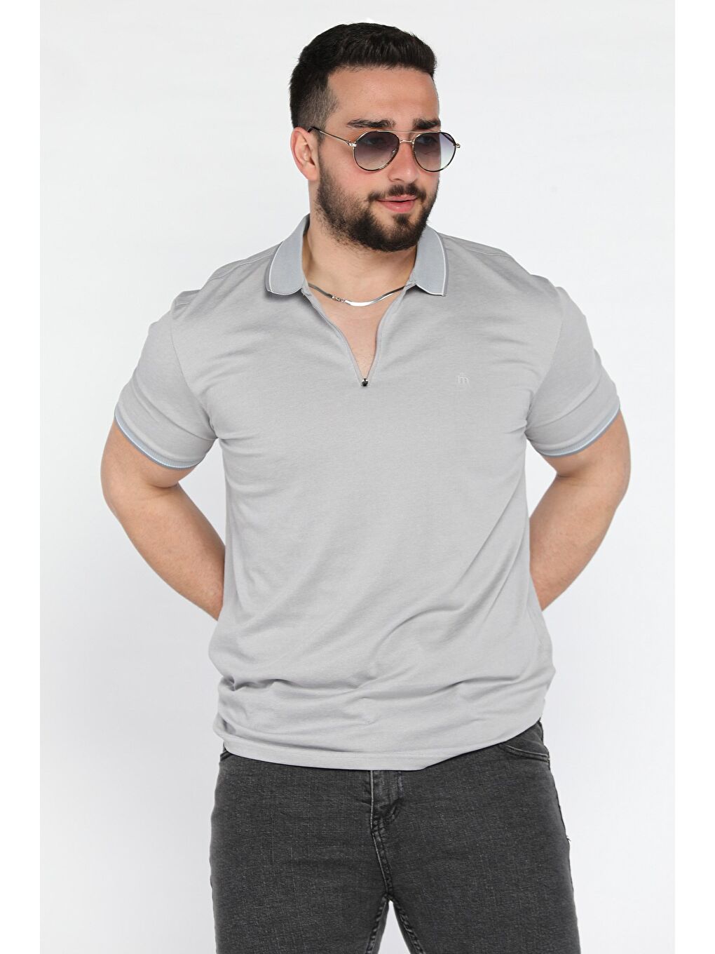 Gri Yarım Fermuarlı Polo Yaka Erkek Tişört