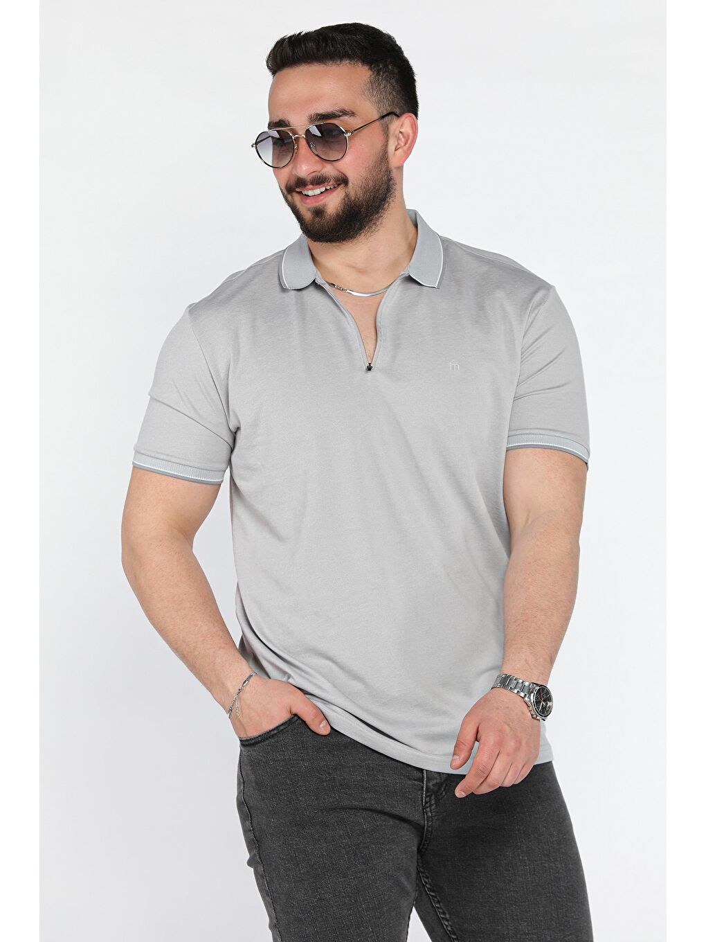 Gri Yarım Fermuarlı Polo Yaka Erkek Tişört-1