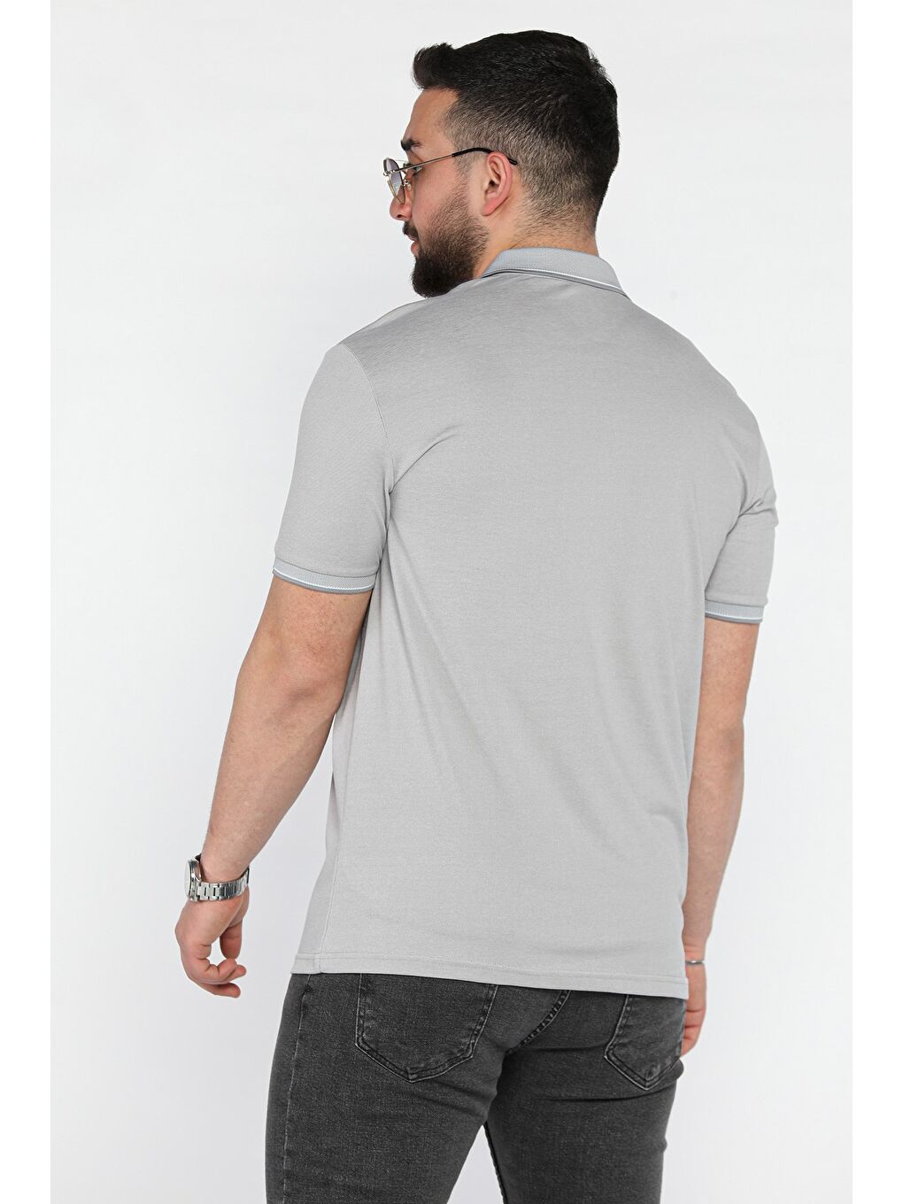 Gri Yarım Fermuarlı Polo Yaka Erkek Tişört-2