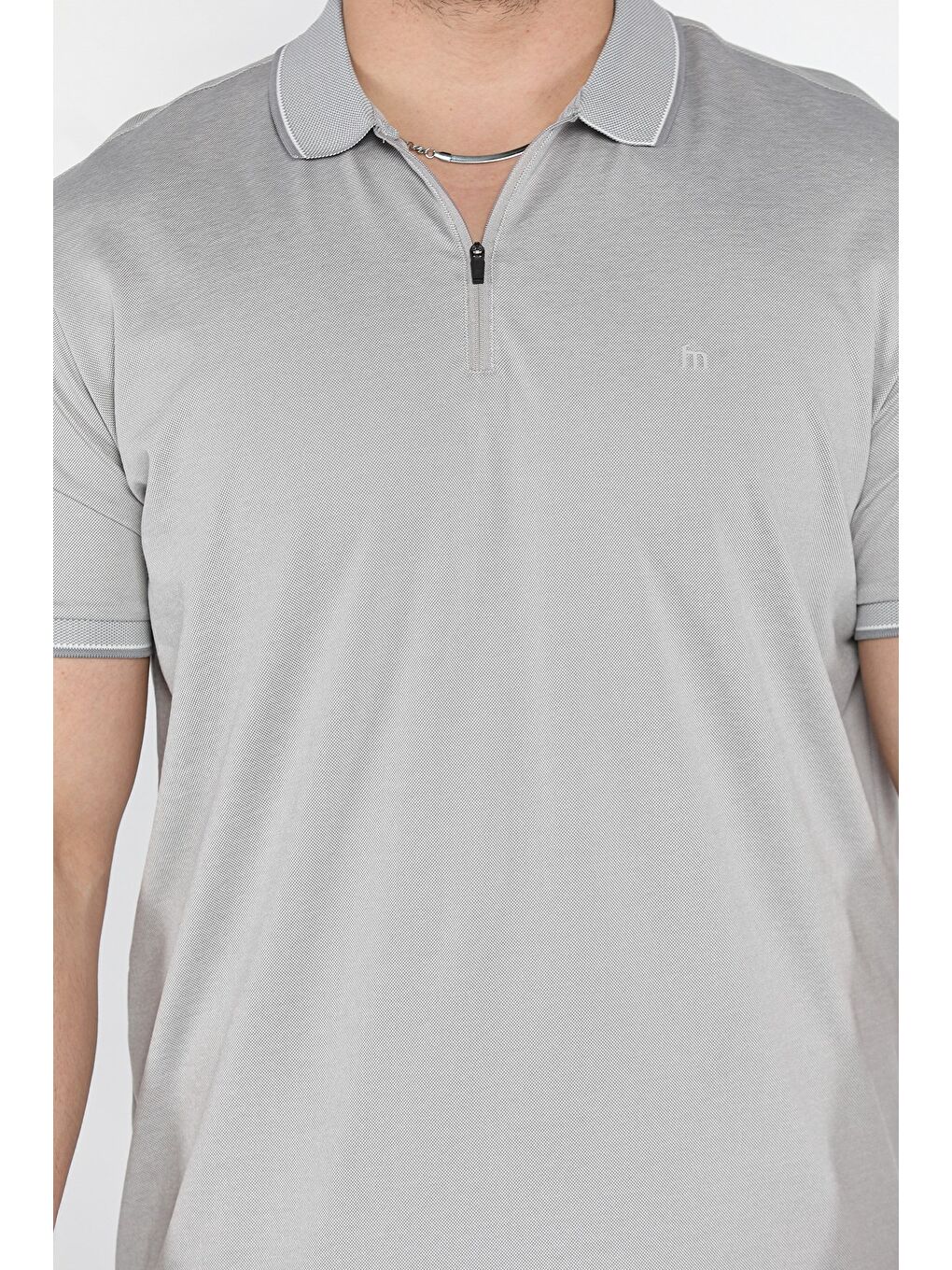 Gri Yarım Fermuarlı Polo Yaka Erkek Tişört-3