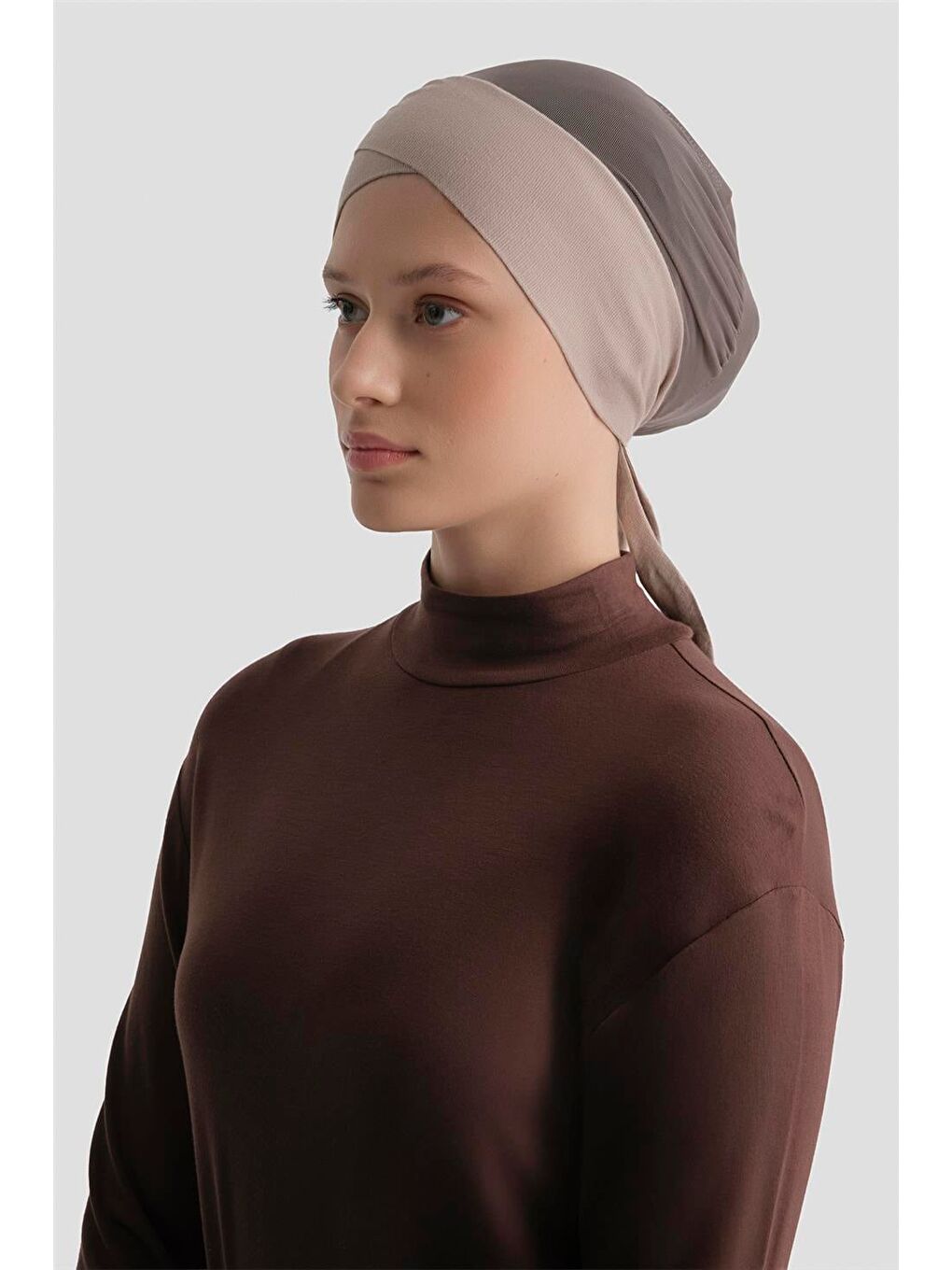 Bej Tüllü Çapraz Bone Açık Vizon-1