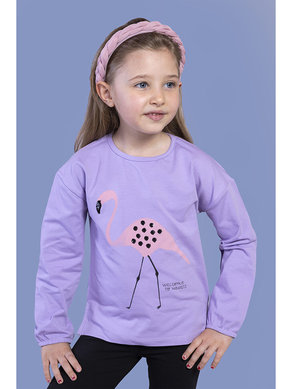 Lila Kız Çocuk Flamingo Baskılı Tişört