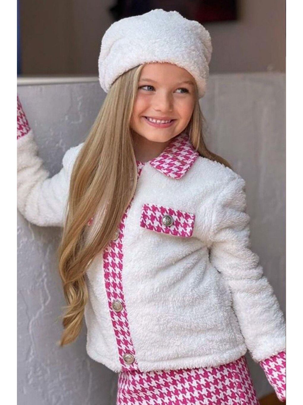 Kız Çocuk Kazayağı Desenli Peluş Pembe Etekli Takım-1