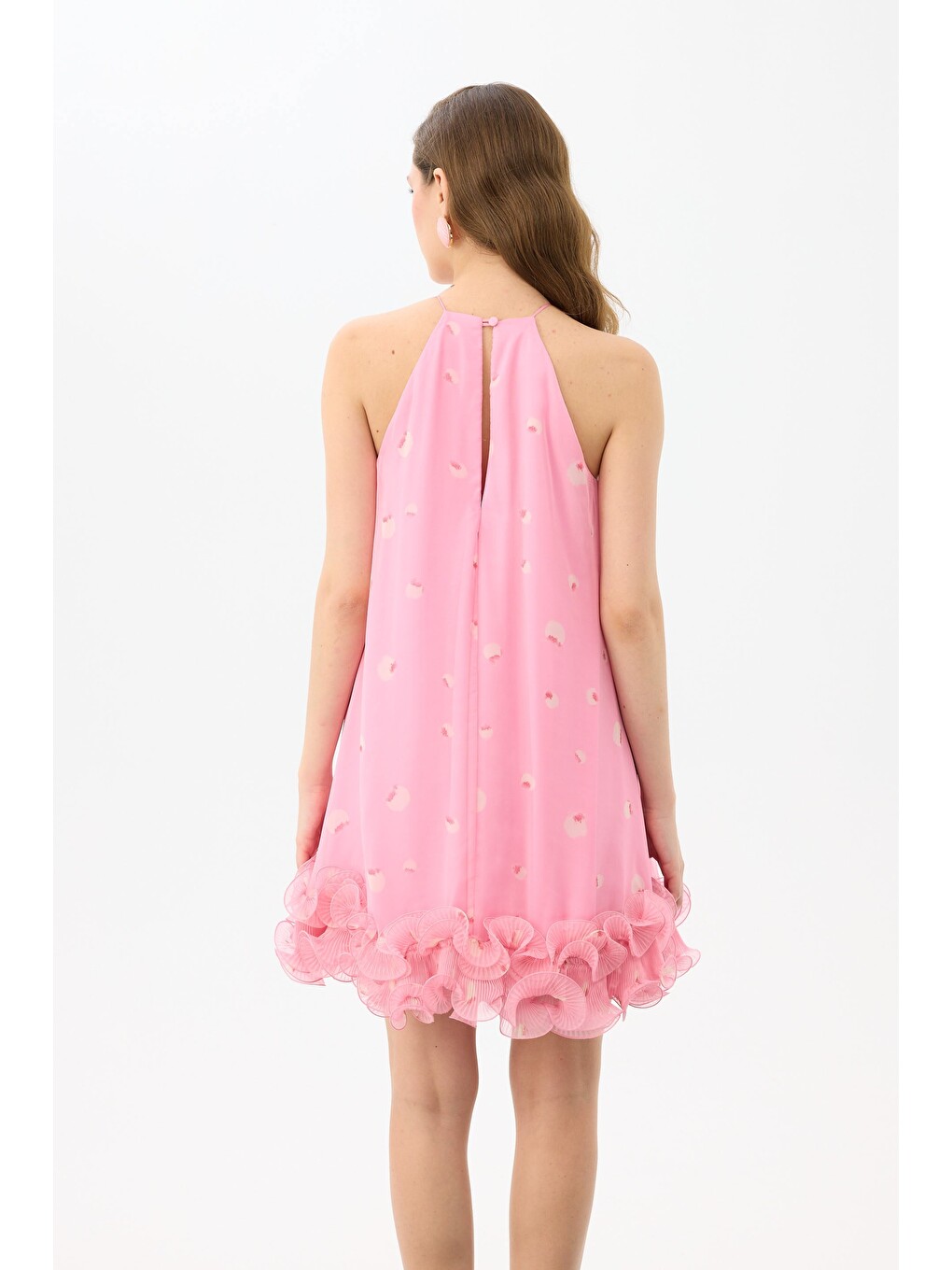 Pembe Eteği Çiçekli Kısa Desenli Abiye Elbise-4