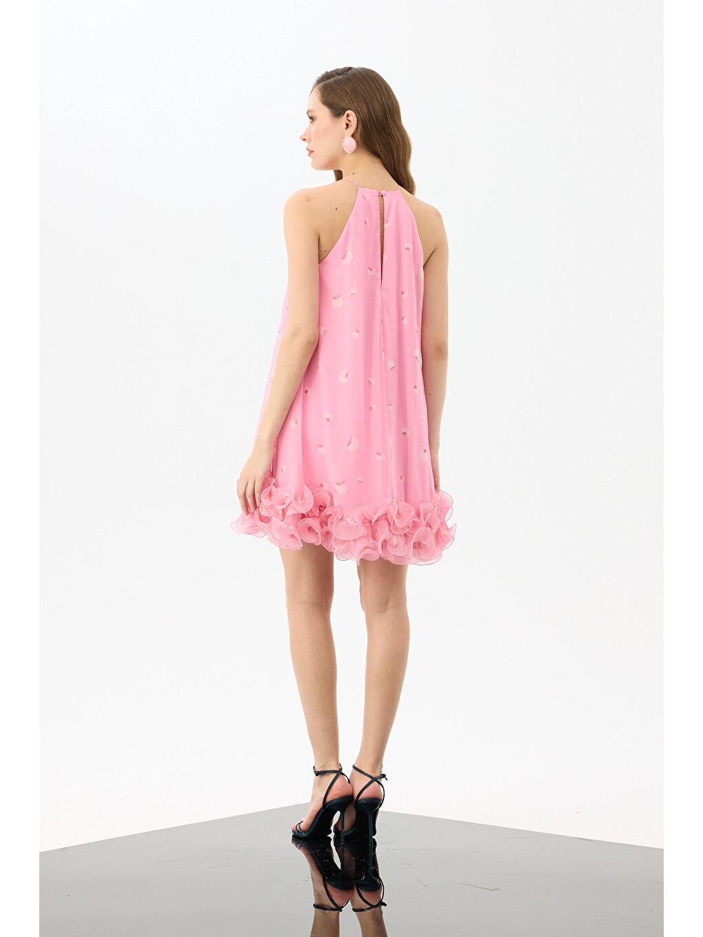 Pembe Eteği Çiçekli Kısa Desenli Abiye Elbise-5