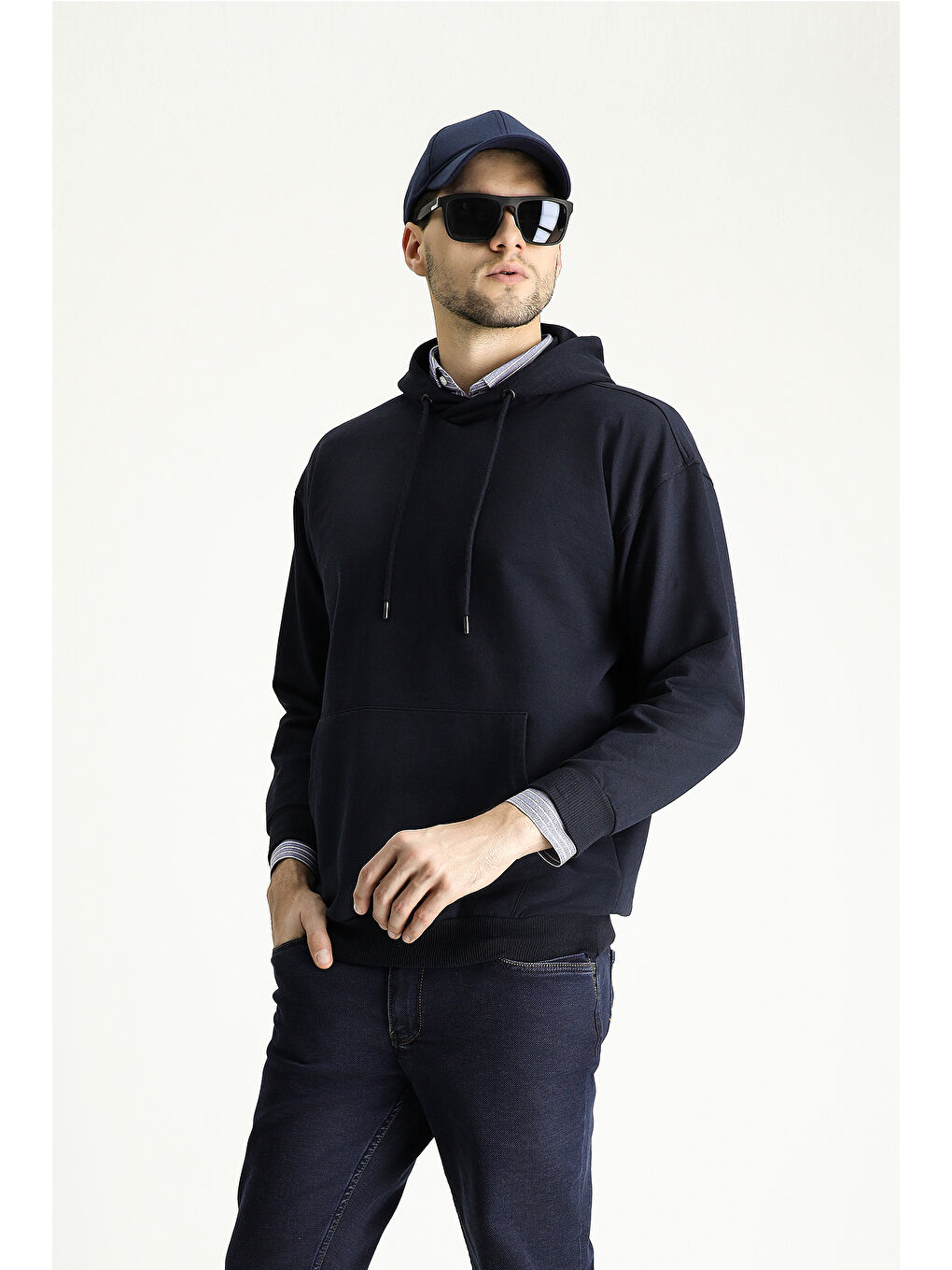 Lacivert Kapüşonlu Oversize Pamuklu Sweatshirt