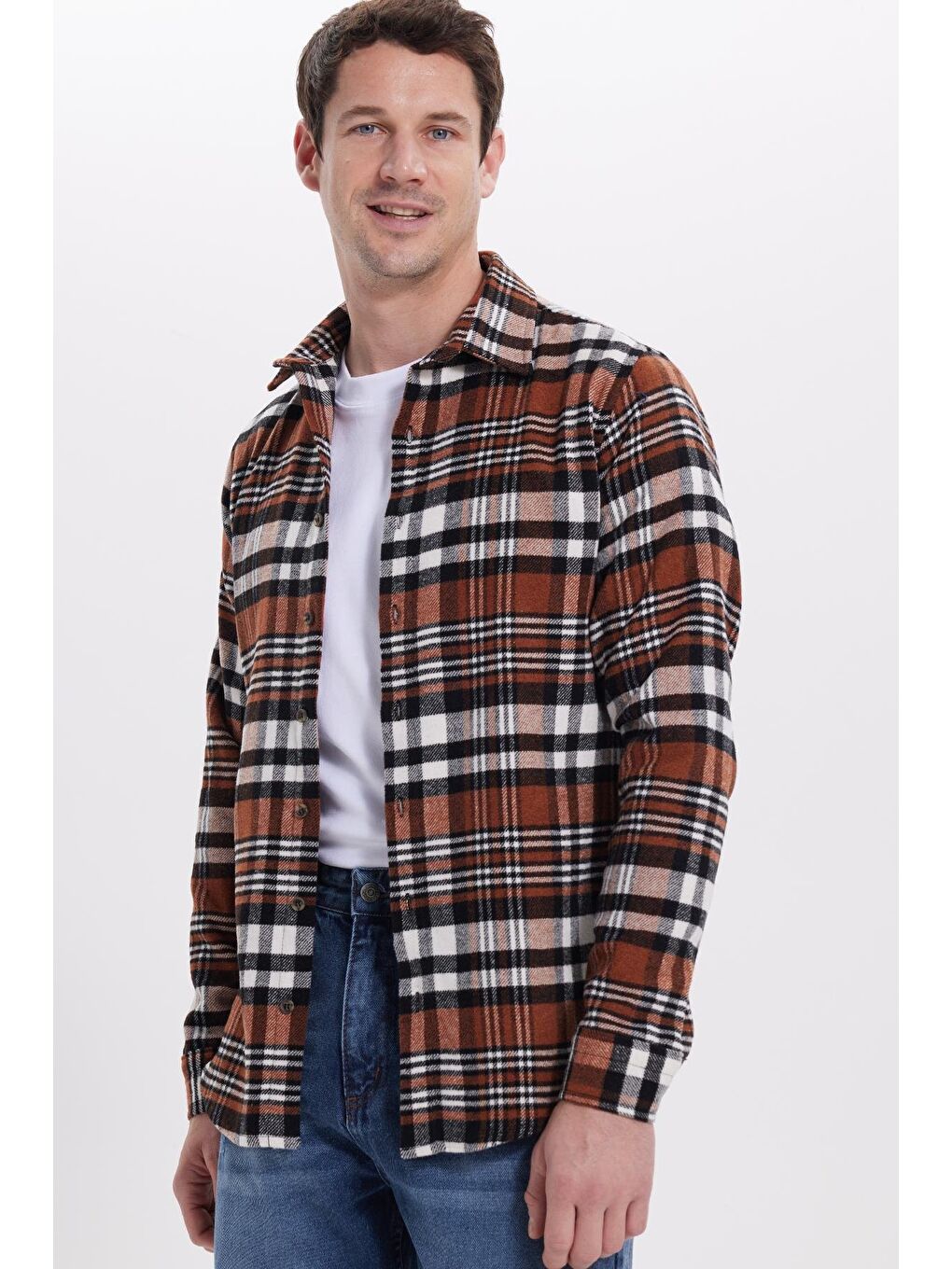 Kahverengi Erkek Slim Fit Dar Kesim Kareli Kışlık Oduncu Gömlek