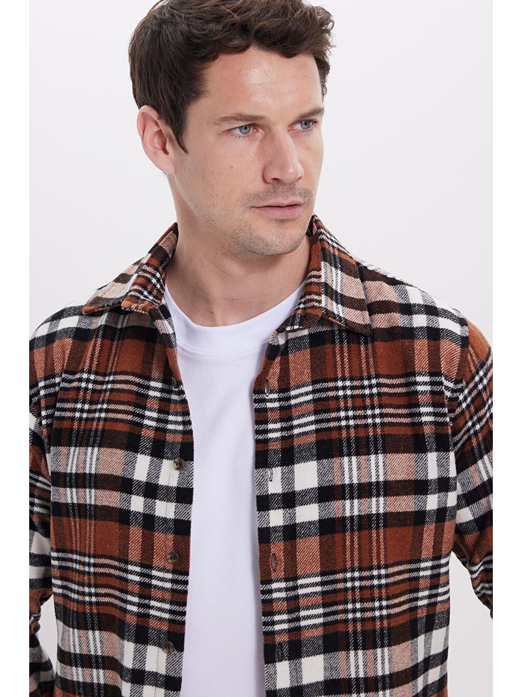 Kahverengi Erkek Slim Fit Dar Kesim Kareli Kışlık Oduncu Gömlek-1