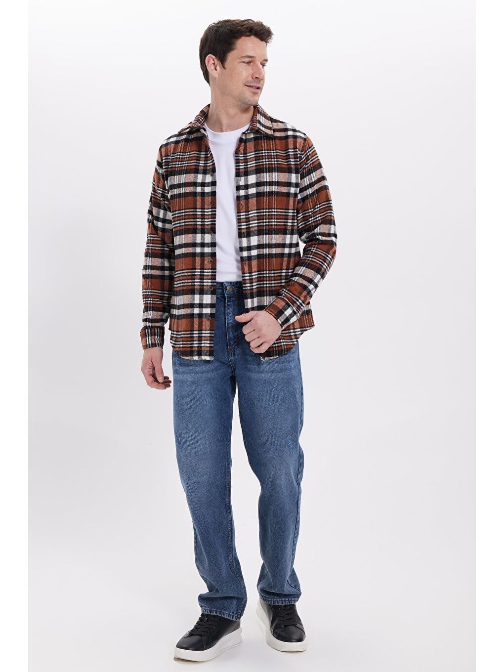 Kahverengi Erkek Slim Fit Dar Kesim Kareli Kışlık Oduncu Gömlek-2