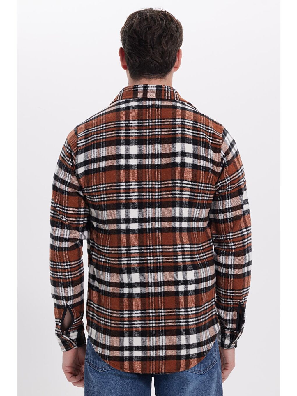 Kahverengi Erkek Slim Fit Dar Kesim Kareli Kışlık Oduncu Gömlek-5