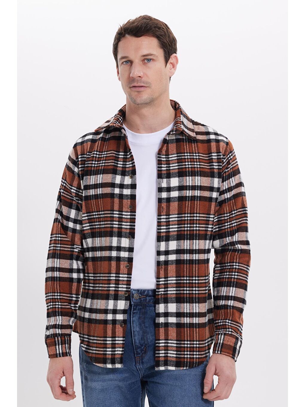 Kahverengi Erkek Slim Fit Dar Kesim Kareli Kışlık Oduncu Gömlek-6