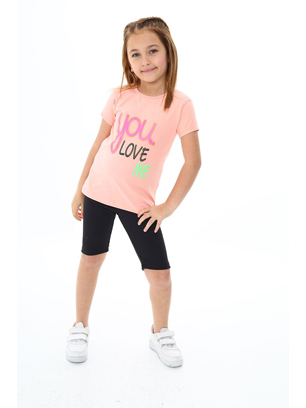 Pembe Kız Çocuk Yazı Baskılı Kısa Taytlı Takım 3-13 Yaş Zu106