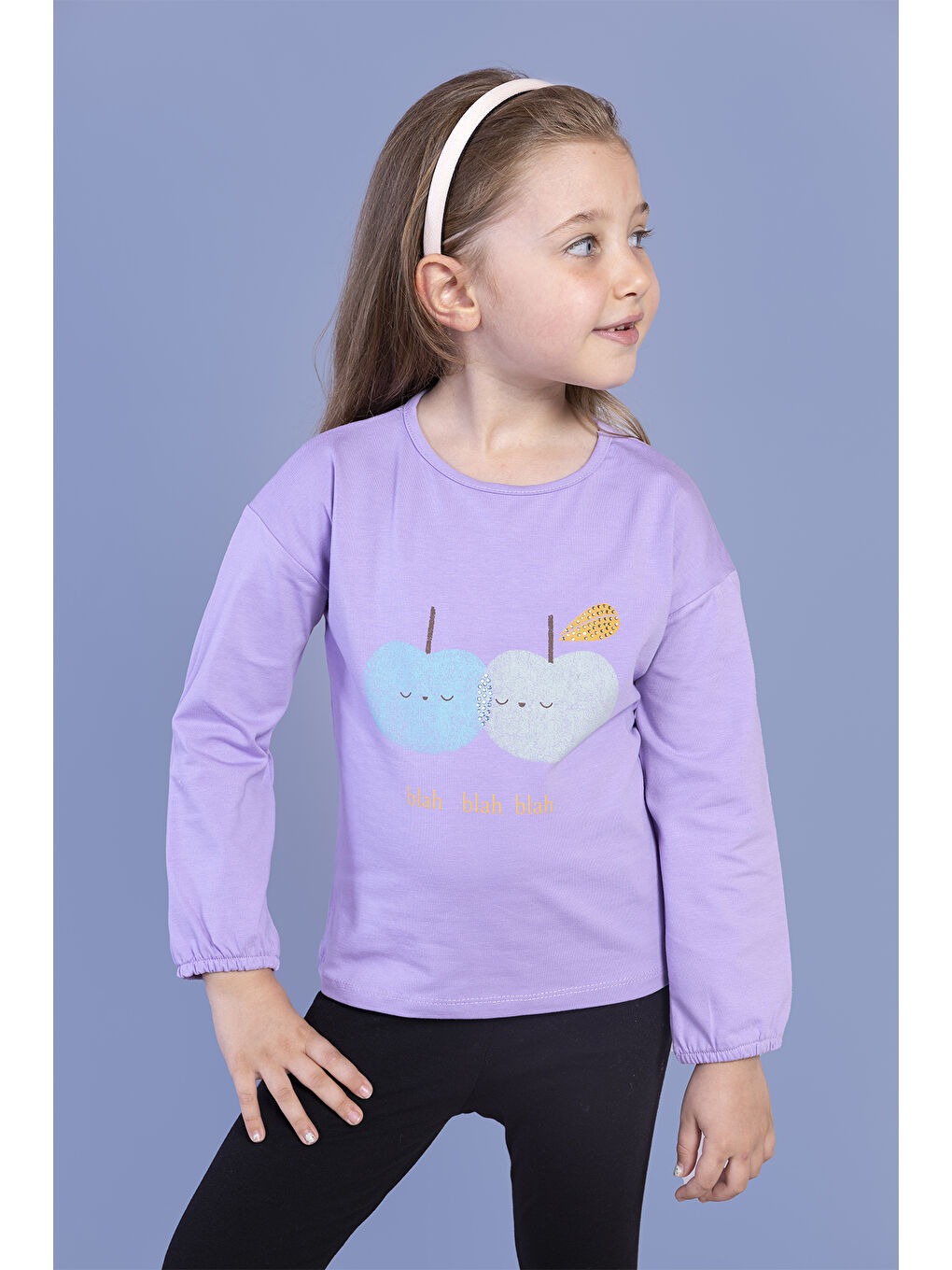Lila Kız Çocuk Baskılı Kol Ucu Lastikli Sırtı Nakış Detaylı Tişört