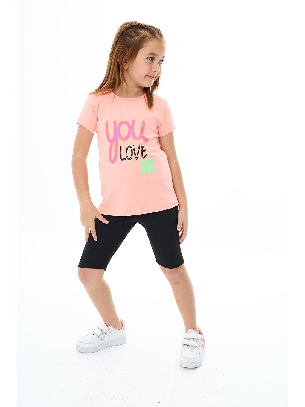 Pembe Kız Çocuk Yazı Baskılı Kısa Taytlı Takım 3-13 Yaş Zu106-1