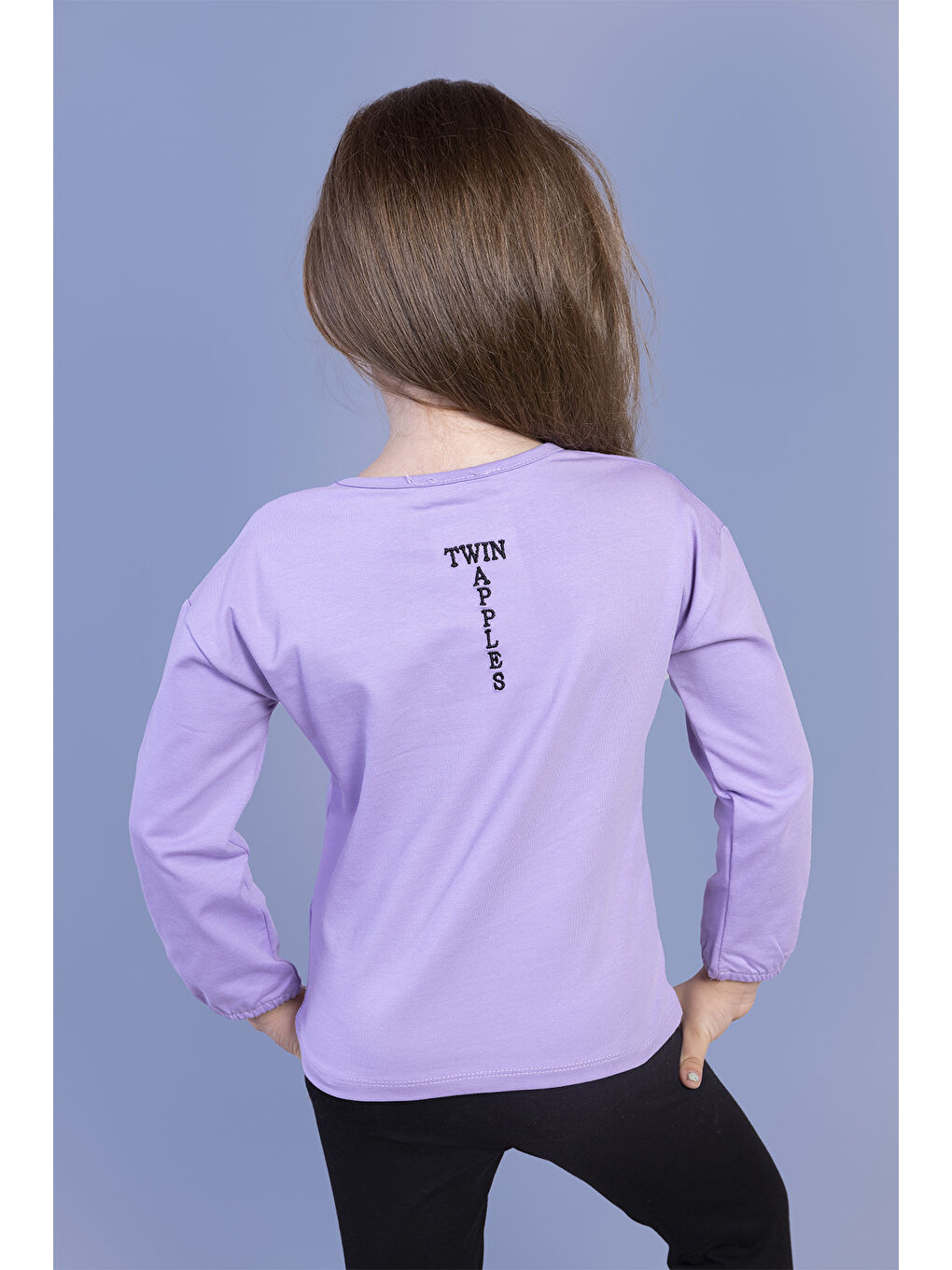 Lila Kız Çocuk Baskılı Kol Ucu Lastikli Sırtı Nakış Detaylı Tişört-1