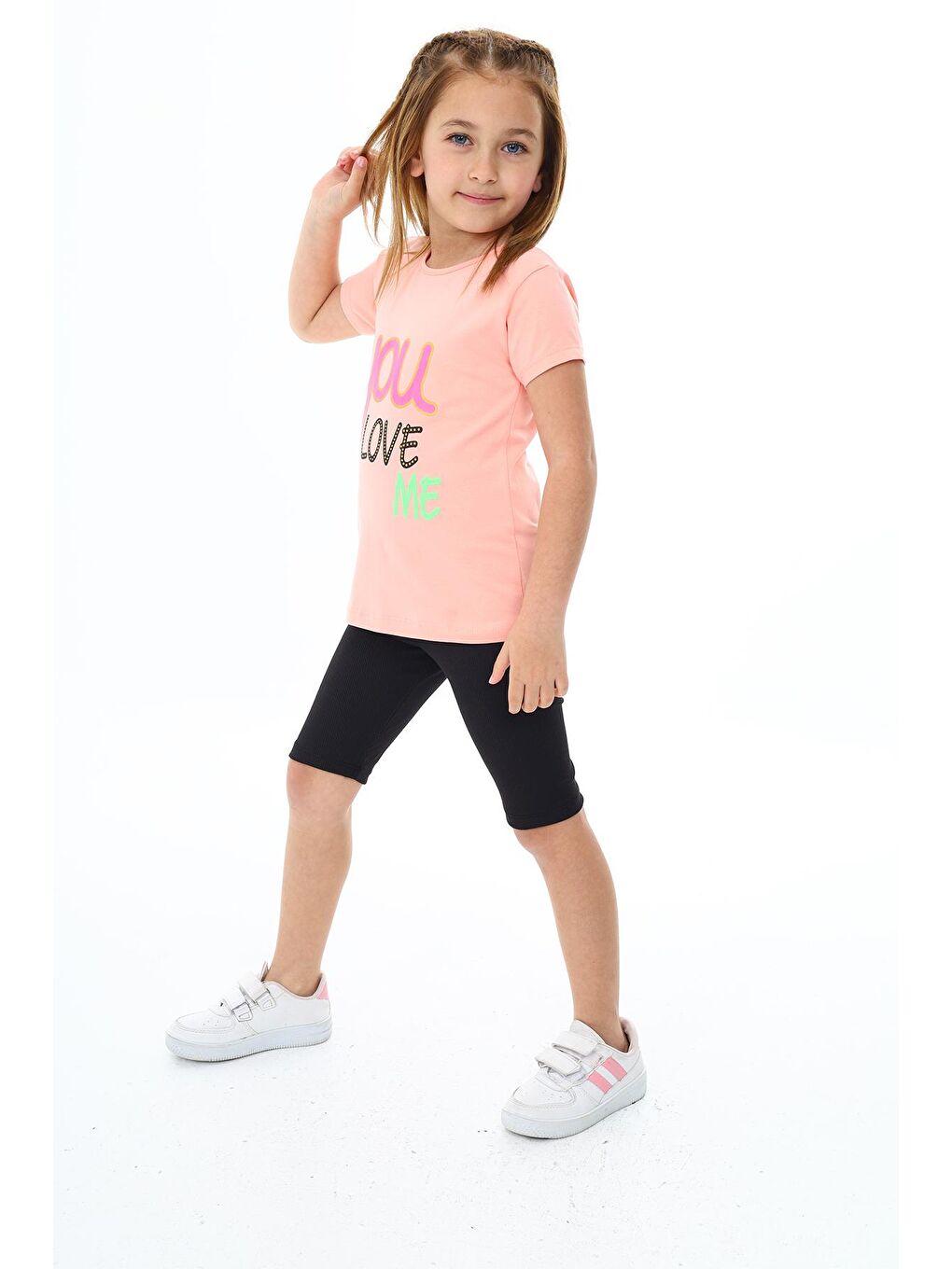 Pembe Kız Çocuk Yazı Baskılı Kısa Taytlı Takım 3-13 Yaş Zu106-3