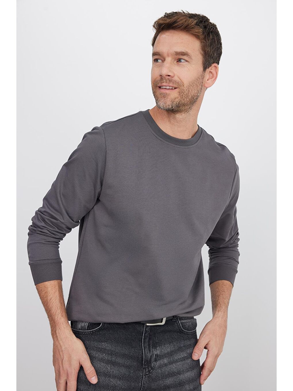 Karışık Erkek 3'Lü Koyu Gri-Taş-Mavi Relax Fit Rahat Kesim %100 Pamuk 2 İplik Bisiklet Yaka Sweatshirt-1