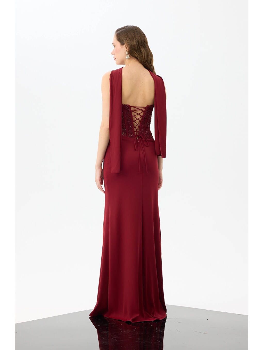 Bordo Yırtmaçlı Şallı Krep Abiye Elbise-6
