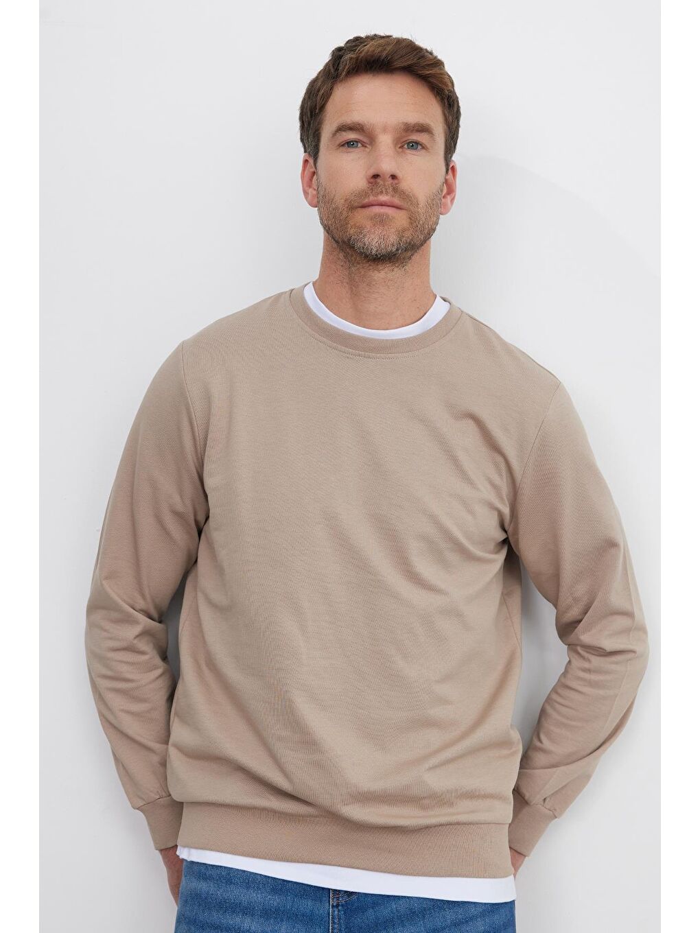 Karışık Erkek 3'Lü Koyu Gri-Taş-Mavi Relax Fit Rahat Kesim %100 Pamuk 2 İplik Bisiklet Yaka Sweatshirt-3