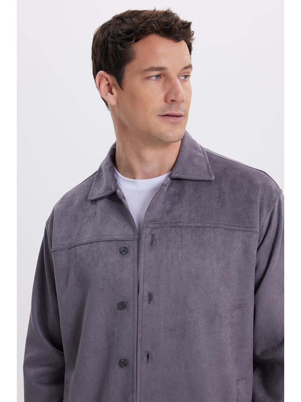 Erkek Relax Fit Rahat Kesim Düz Süet Yan Cepli Gri Ceket Gömlek-1