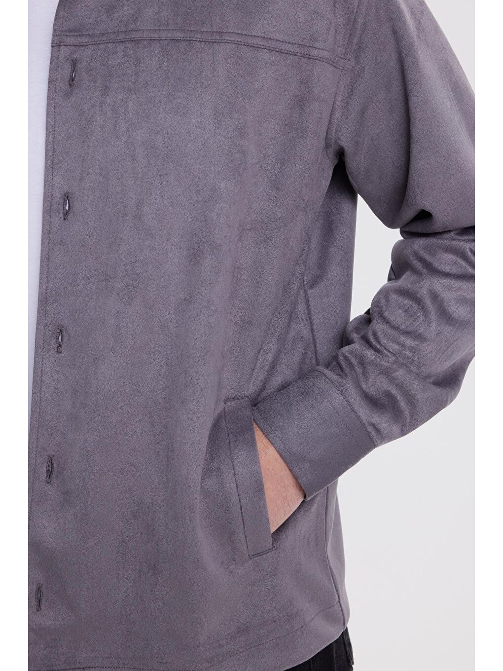 Erkek Relax Fit Rahat Kesim Düz Süet Yan Cepli Gri Ceket Gömlek-2