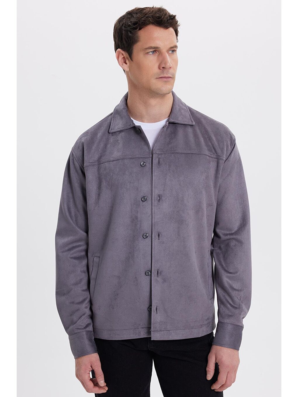 Erkek Relax Fit Rahat Kesim Düz Süet Yan Cepli Gri Ceket Gömlek-3