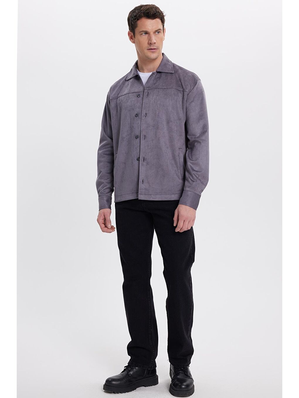 Erkek Relax Fit Rahat Kesim Düz Süet Yan Cepli Gri Ceket Gömlek-4