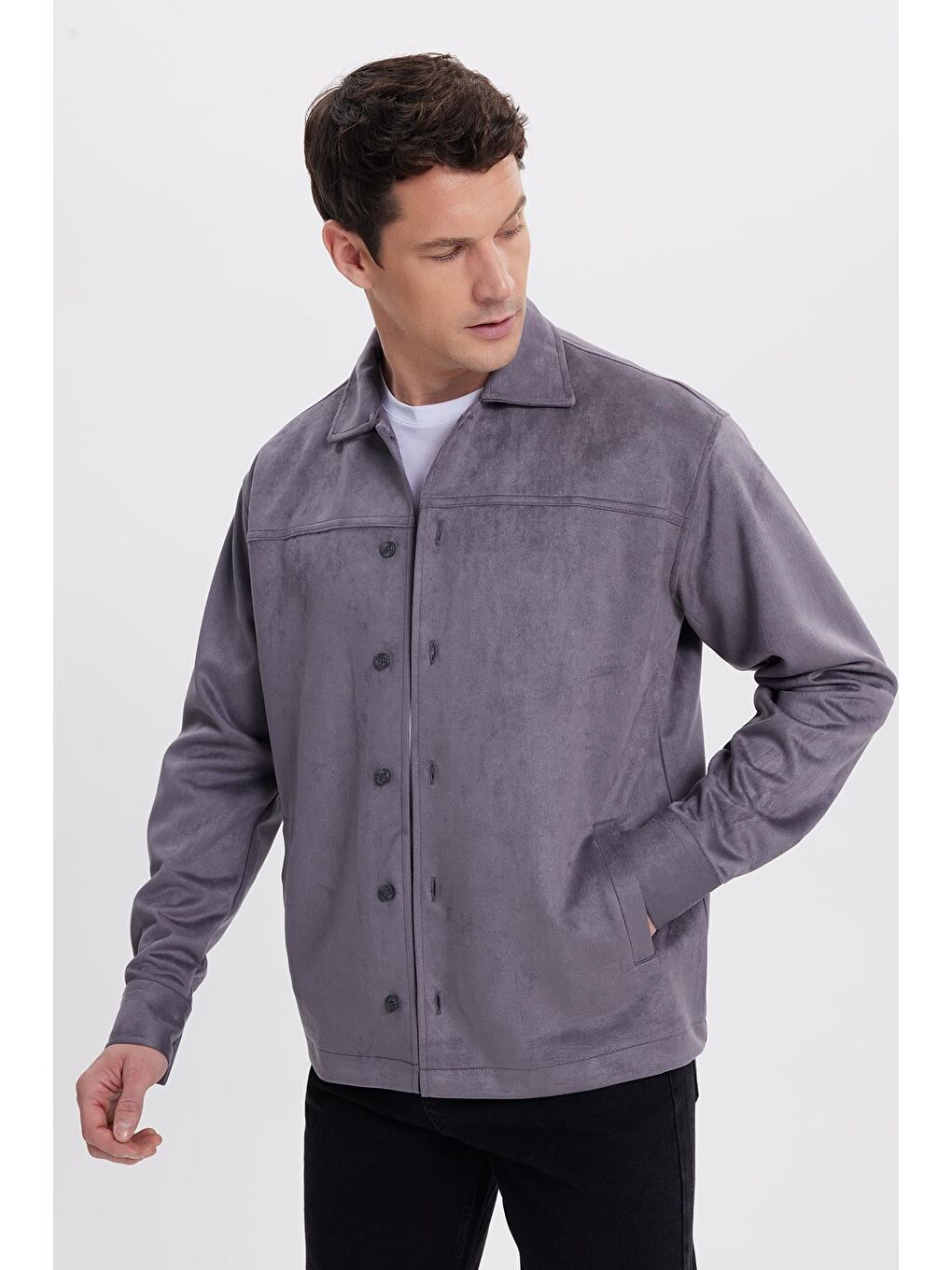 Erkek Relax Fit Rahat Kesim Düz Süet Yan Cepli Gri Ceket Gömlek-5