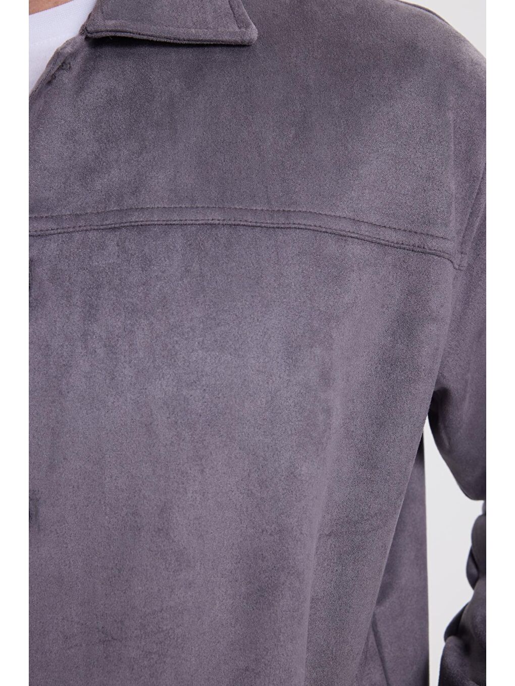 Erkek Relax Fit Rahat Kesim Düz Süet Yan Cepli Gri Ceket Gömlek-6