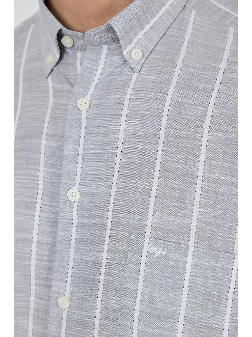 Gri Uzun Kol Çizgili Desen Düğmeli Yaka Cepli Classic Comfort Fit %100 Pamuk Gömlek 1004250189-3