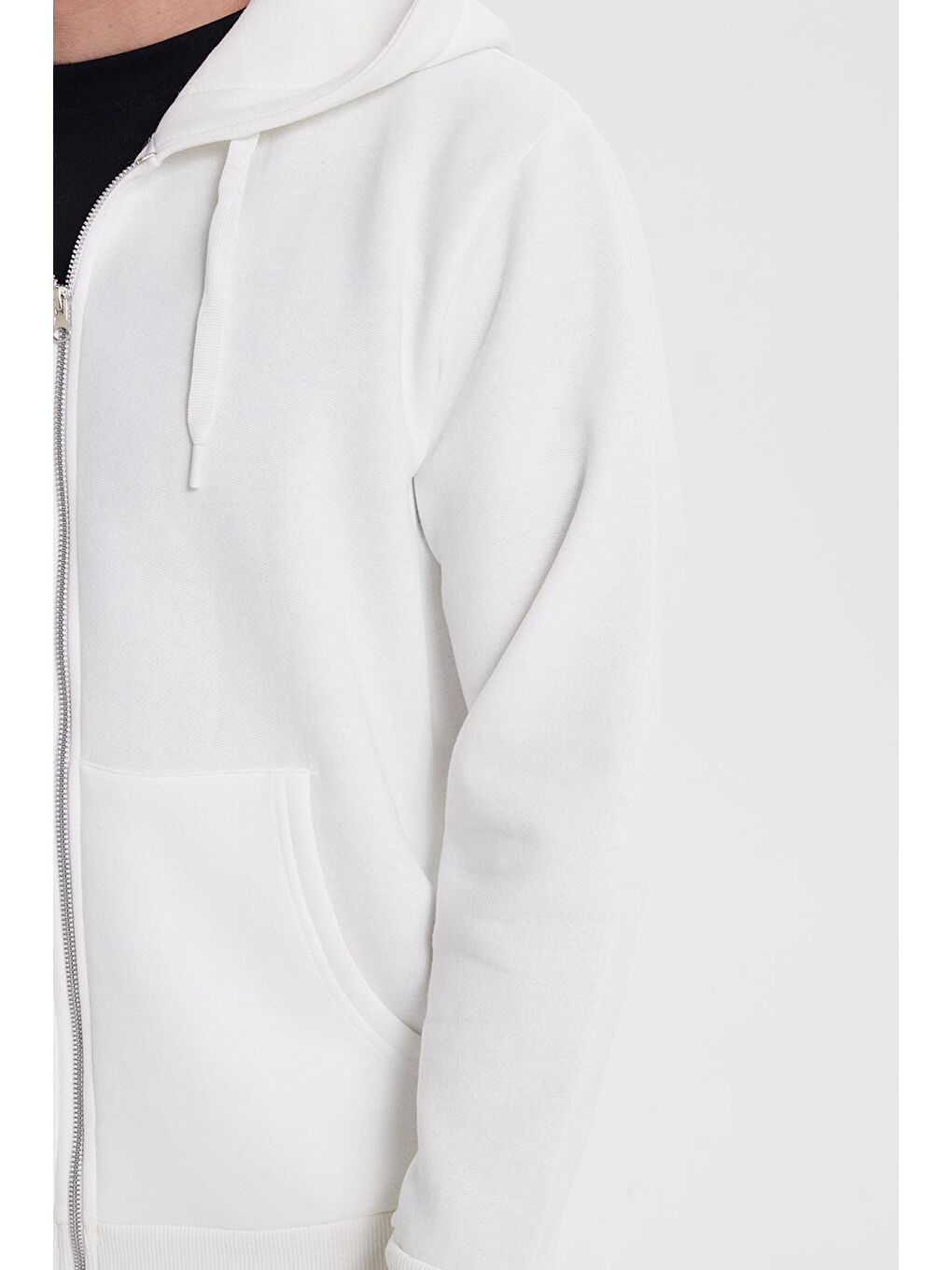 Unisex Relax Fit Rahat Kesim Pamuklu İçi Polarlı Çift Cepli Tam Fermuarlı Beyaz Kapüşonlu Sweatshirt-2