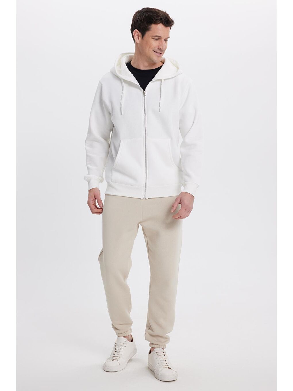 Unisex Relax Fit Rahat Kesim Pamuklu İçi Polarlı Çift Cepli Tam Fermuarlı Beyaz Kapüşonlu Sweatshirt-3