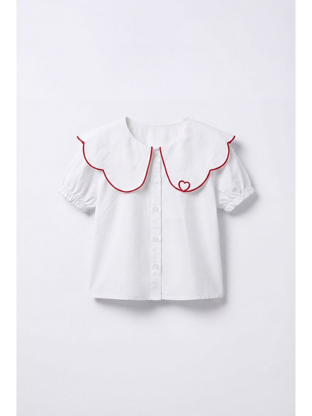 Kız Çocuk Pamuklu Beyaz Kalp Nakışlı Gömlek Ve Kırmızı Tül Etek Takım-1