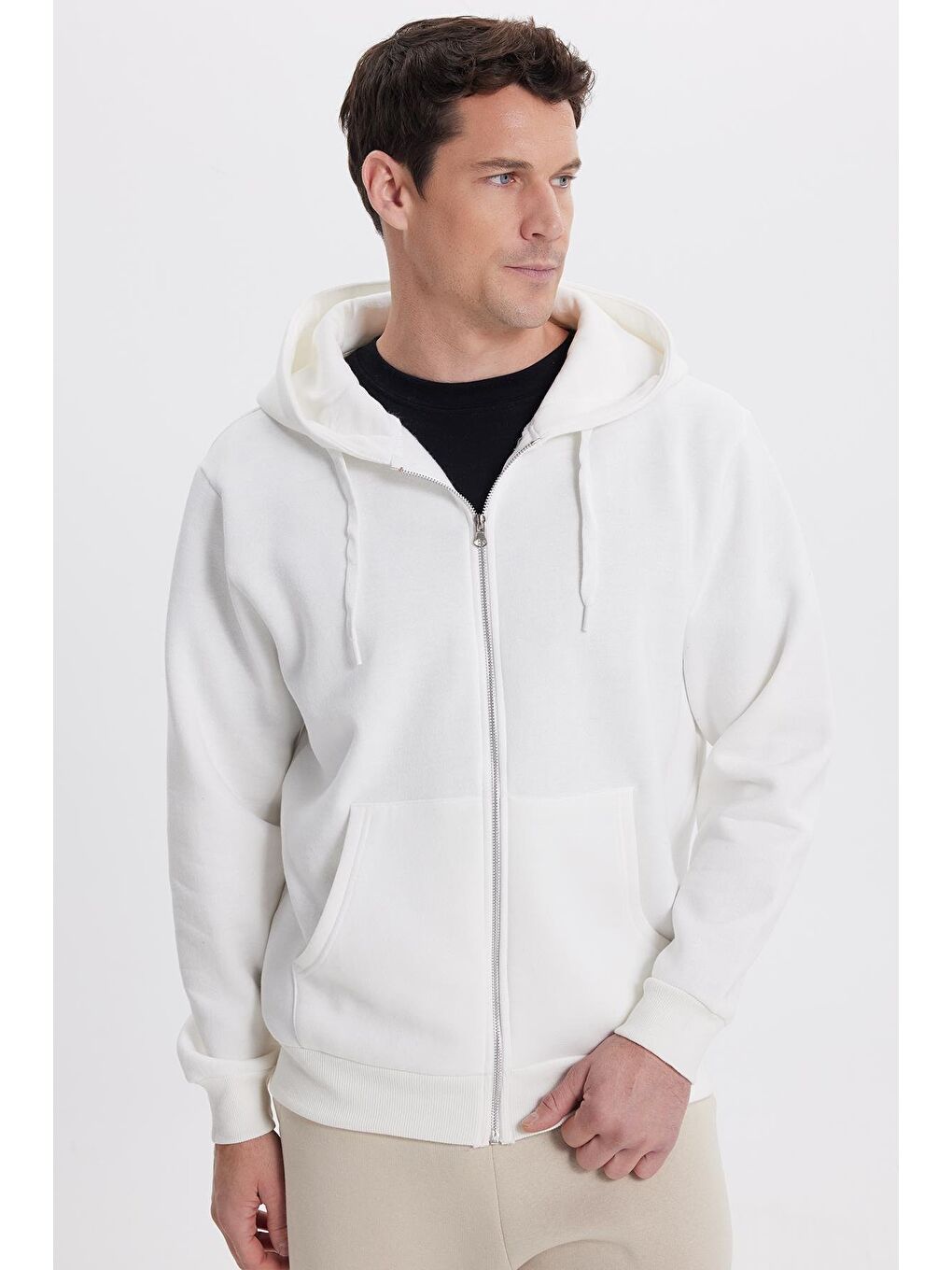 Unisex Relax Fit Rahat Kesim Pamuklu İçi Polarlı Çift Cepli Tam Fermuarlı Beyaz Kapüşonlu Sweatshirt-4