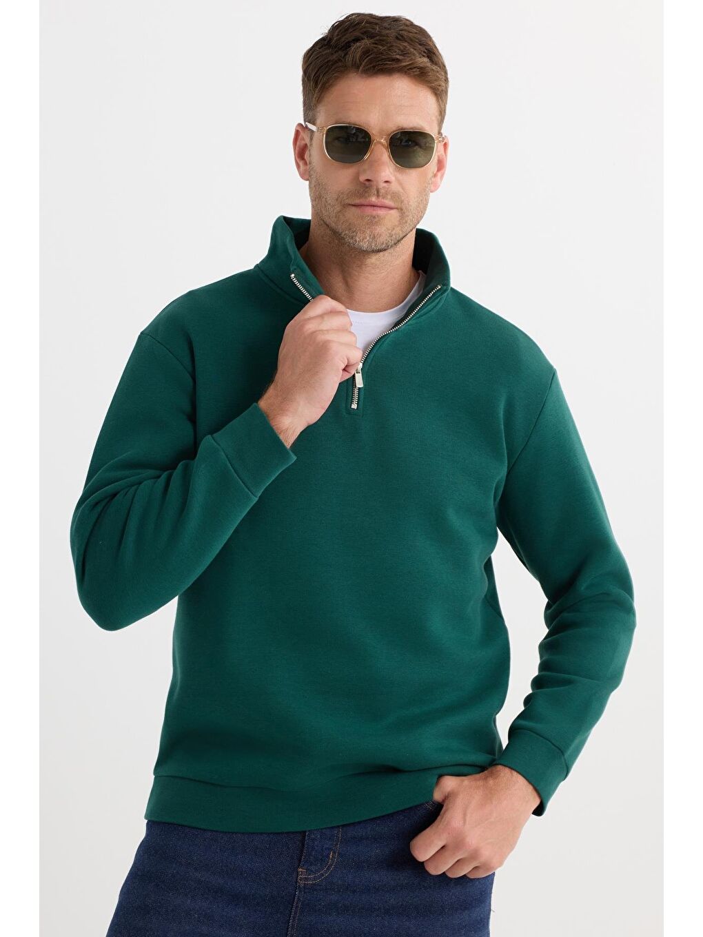 Karışık Unisex 3'Lü Paket Siyah-Taş-Haki Relax Fit Pamuklu Yarım Fermuarlı Dik Yaka Sweatshirt-1