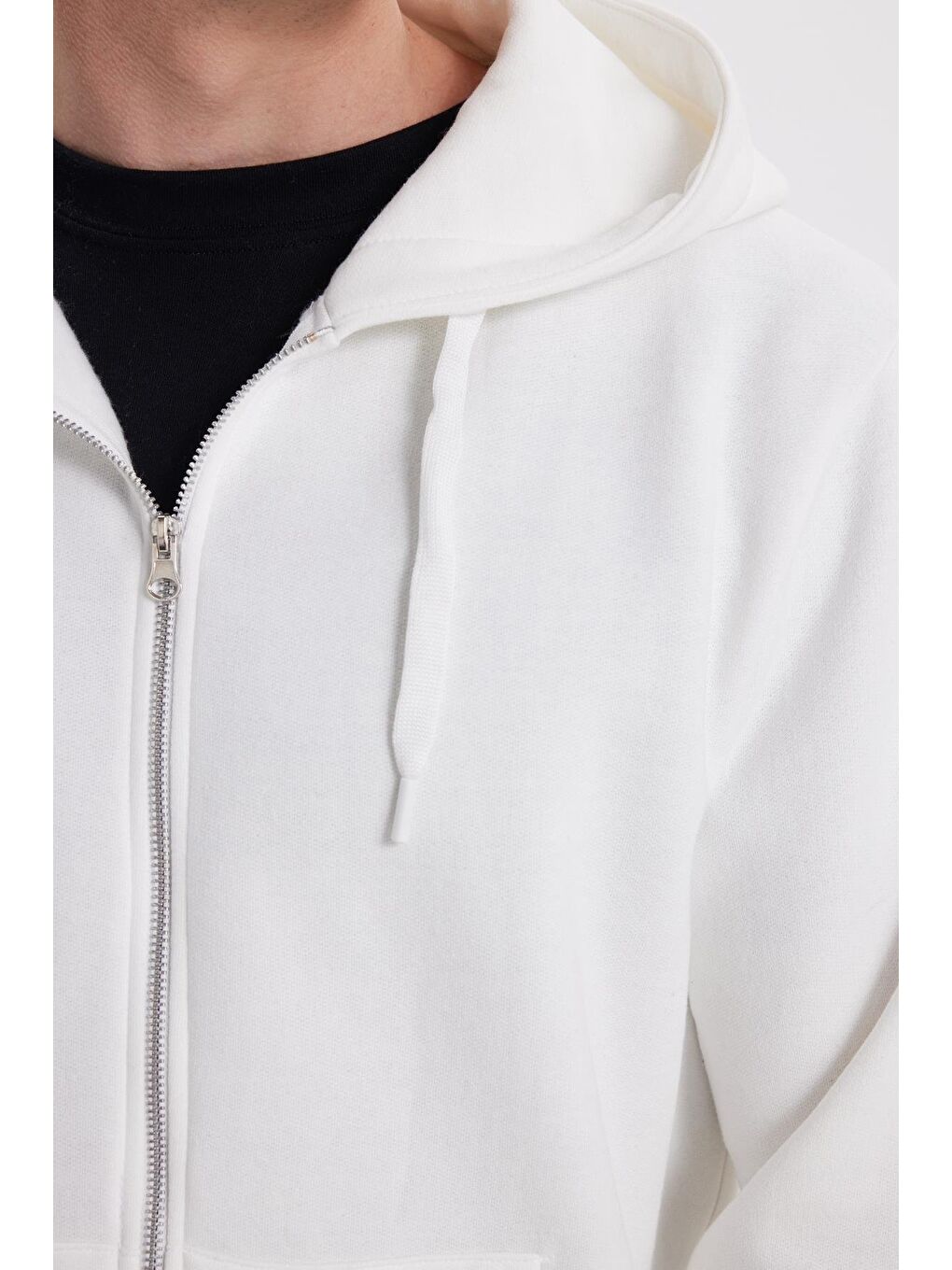 Unisex Relax Fit Rahat Kesim Pamuklu İçi Polarlı Çift Cepli Tam Fermuarlı Beyaz Kapüşonlu Sweatshirt-5