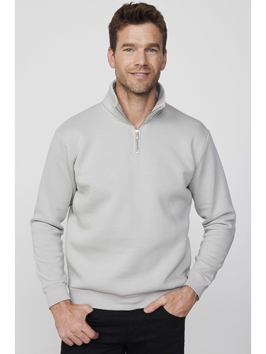 Karışık Unisex 3'Lü Paket Siyah-Taş-Haki Relax Fit Pamuklu Yarım Fermuarlı Dik Yaka Sweatshirt-2