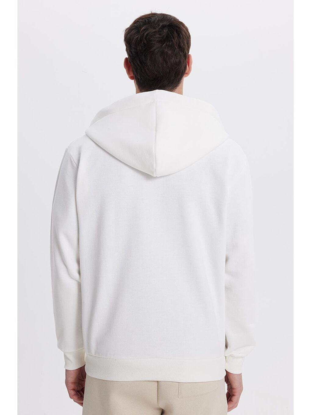 Unisex Relax Fit Rahat Kesim Pamuklu İçi Polarlı Çift Cepli Tam Fermuarlı Beyaz Kapüşonlu Sweatshirt-6
